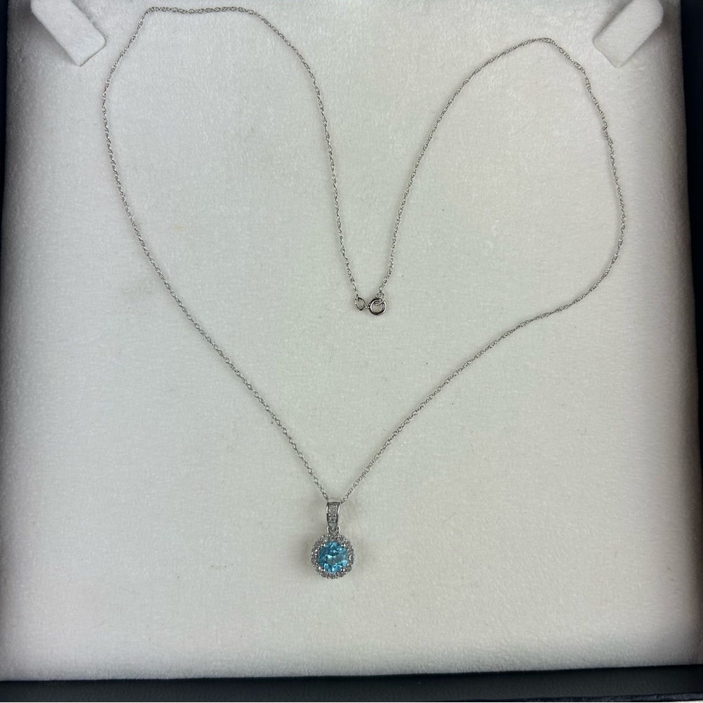 Macy’s 10KT Stamped White Gold Genuine Blue Topaz and Diamond Necklace Glamcore